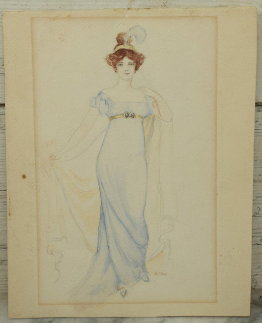 Lot 101 - Unframed Antique Watercolor Painting On Paper Of A Pretty Woman With A Feather Headband, Blue Dress, Artist Signed