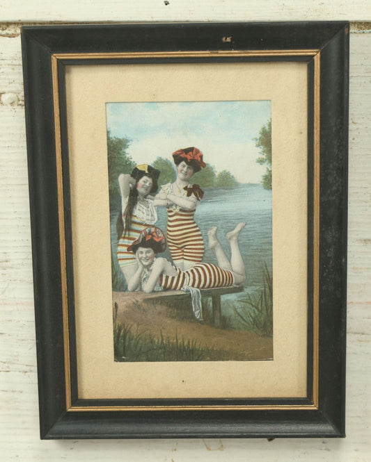 Lot 103 - Antique Postcard Of Women In Their Striped Swimsuits In Vintage Custom "Cardtique" Frame, 6" x 8"