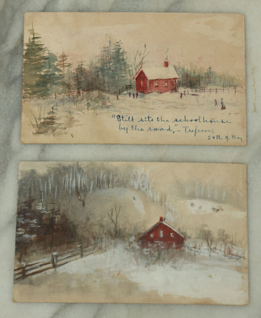 Lot 108 - Pair Of Antique Hand Painted Watercolor Landscape Postcards Of A Small Red House In The Woods, One With Bird Painted On Back, Both Postmarked 1911