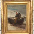 Lot 005 - Antique Oil On Canvas Painting Of Young Woman Leaning Against Moored Fishing Boat On The Beach With Basket On Back, White Hair Scarf, In Ornate Gilt Frame, 18" x 22"