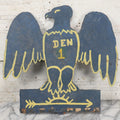 Lot 010 - Vintage Folk Art Cub Scout Boy Scout Den 1 Blue And Gold Hand Painted Masonite Eagle Cut Out Sign, With Partial Post, 19-1/4" x 18 3/4"