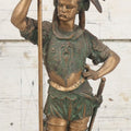 Lot 012 - Antique Cast Metal Statue Of A Soldier In Armor Holding A Spear, Note Green Man On Chest, Patinated, Gilded Finish, 16-1/8" Overall Height