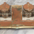 Lot 013 - Antique German Art Nouveau Double Inkwell Stand With Glass Inkwells, Marked "Geschützt" (German Copyright), Note Various Wear And Patina