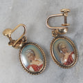 Lot 017 - Pair Of Vintage 1/20th 12K Gold Filled Screw Back Earrings With Miniature Portrait, Painted Details, Marked J.M.S.