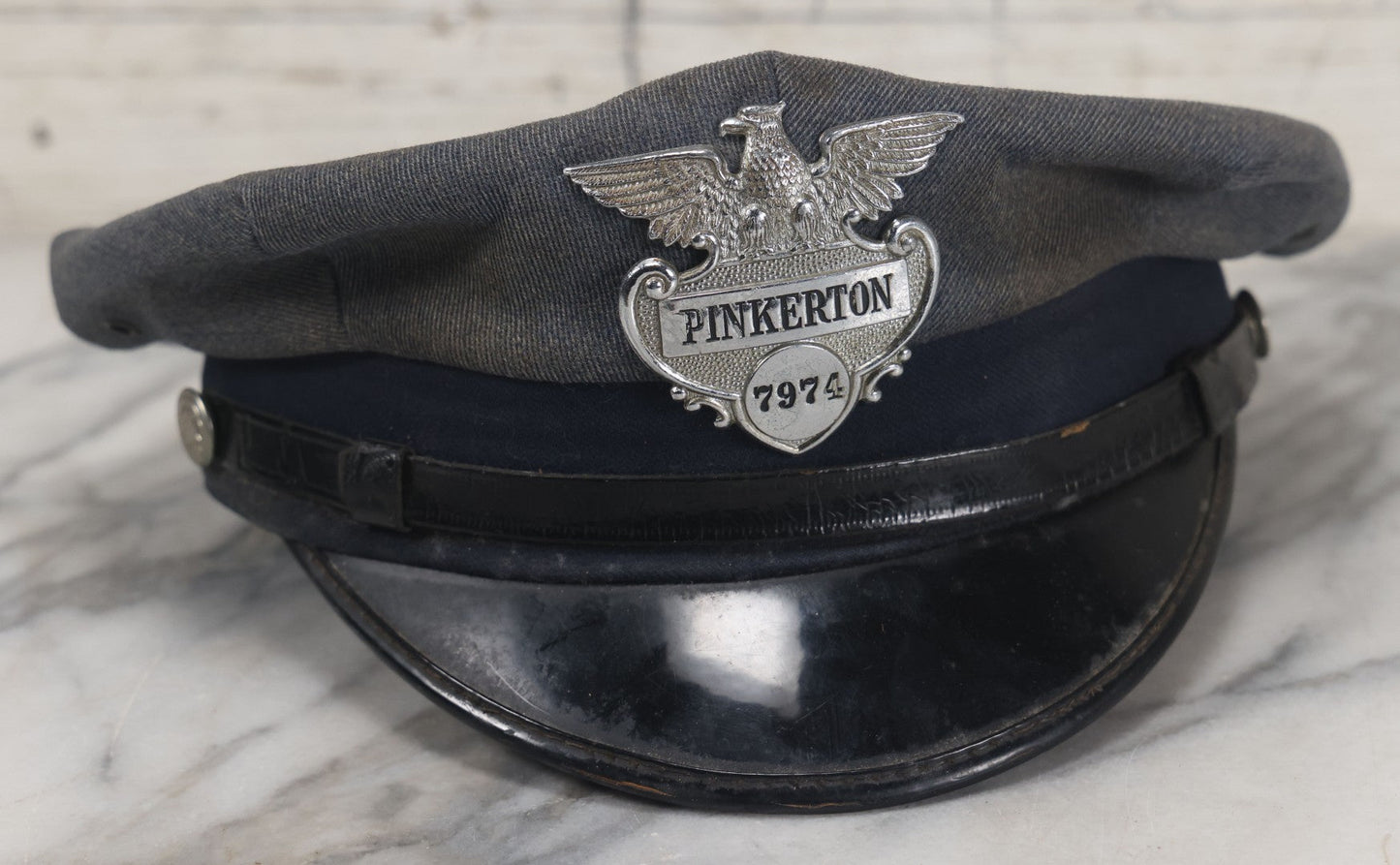 Lot 018 - Vintage Pinkerton Security Officer's Hat With Eagle Badge No. 7974, Pinkerton Buttons, Size 7-3/8"