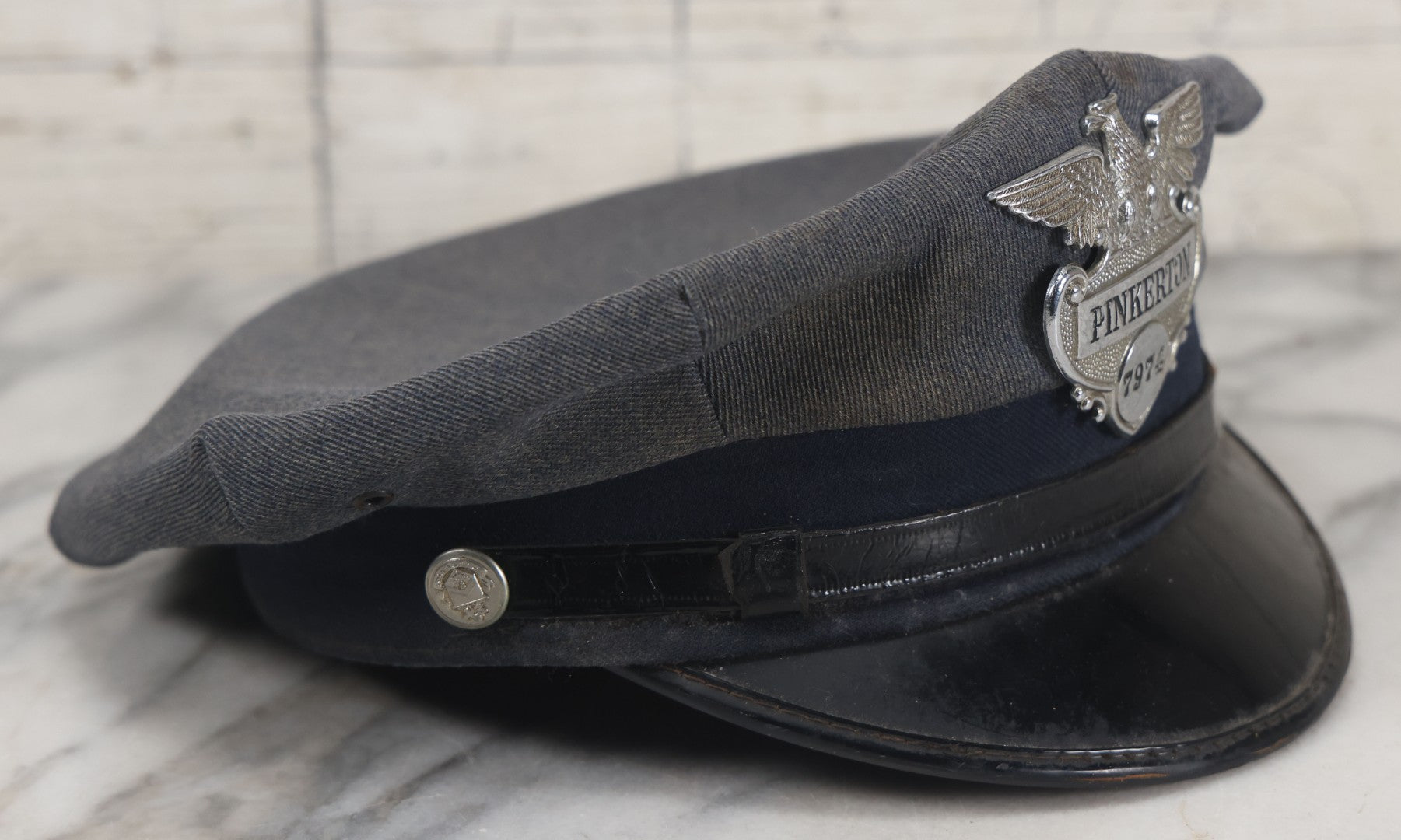 Lot 018 - Vintage Pinkerton Security Officer's Hat With Eagle Badge No. 7974, Pinkerton Buttons, Size 7-3/8"
