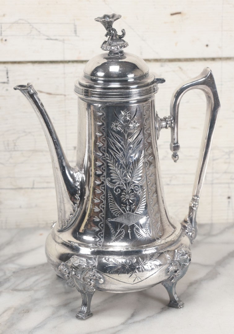 Lot 031 - Antique Silver Plate Coffee Pot With Green Man Foot Motif, Horse Finial, By Taunton Silver Plate Co., Triple Plate