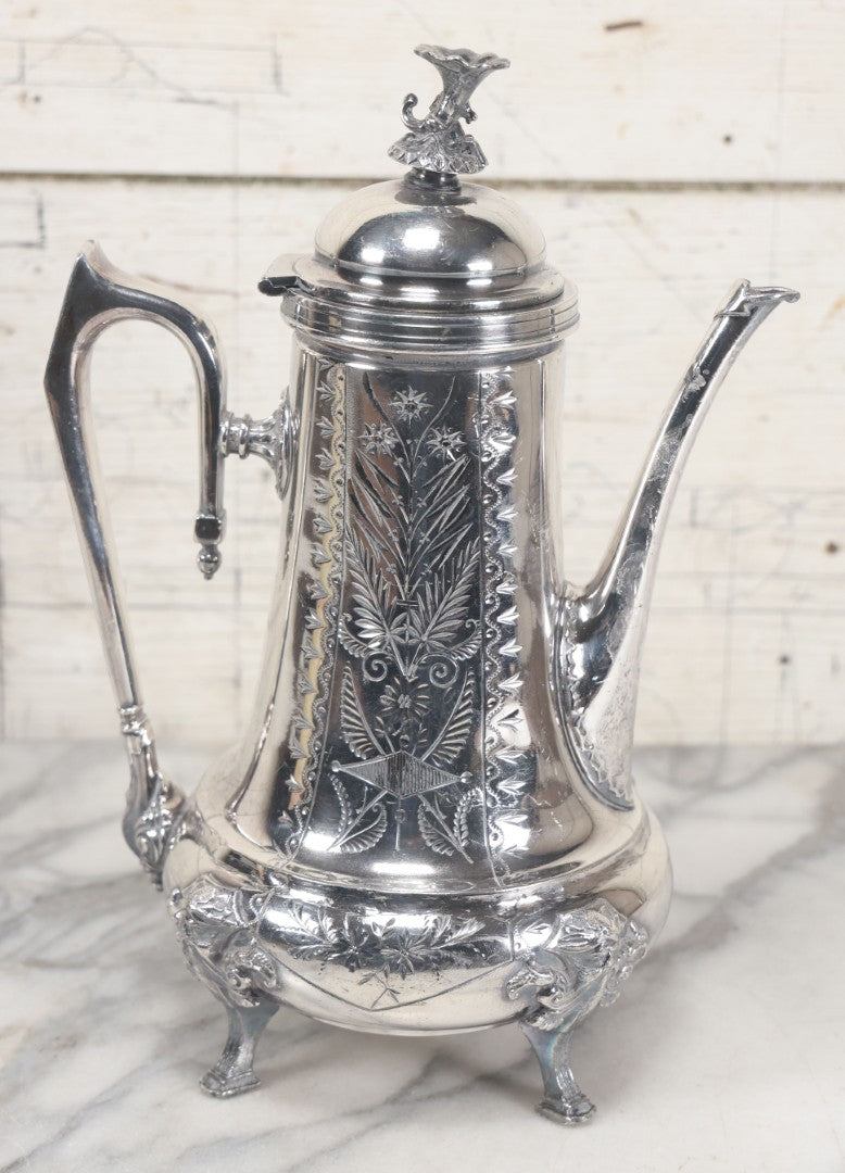 Lot 031 - Antique Silver Plate Coffee Pot With Green Man Foot Motif, Horse Finial, By Taunton Silver Plate Co., Triple Plate