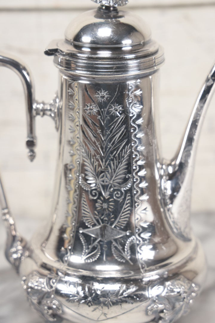 Lot 031 - Antique Silver Plate Coffee Pot With Green Man Foot Motif, Horse Finial, By Taunton Silver Plate Co., Triple Plate