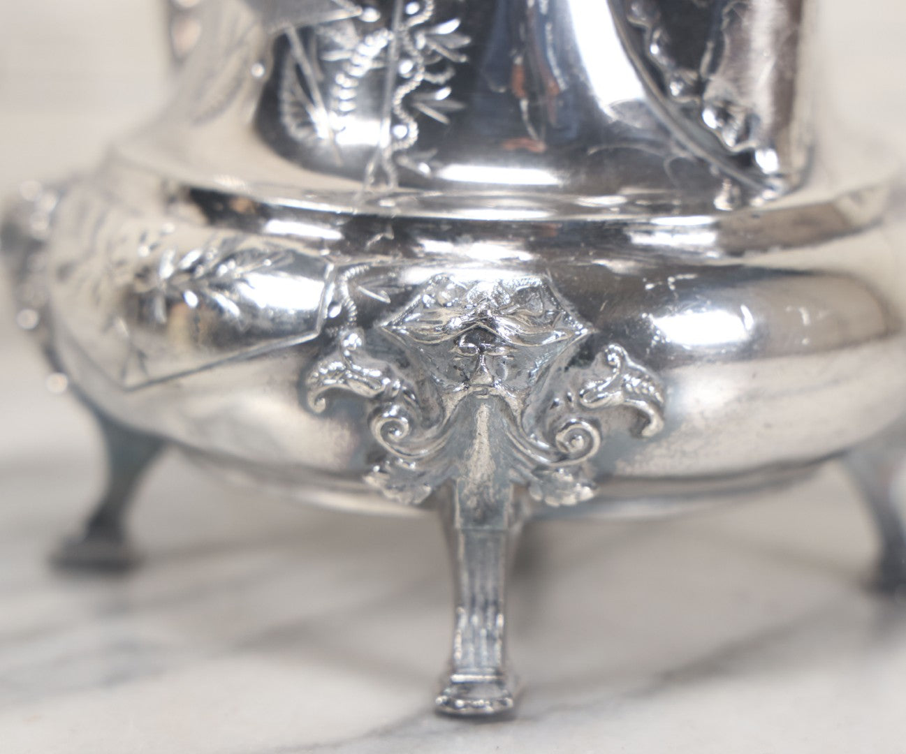 Lot 031 - Antique Silver Plate Coffee Pot With Green Man Foot Motif, Horse Finial, By Taunton Silver Plate Co., Triple Plate