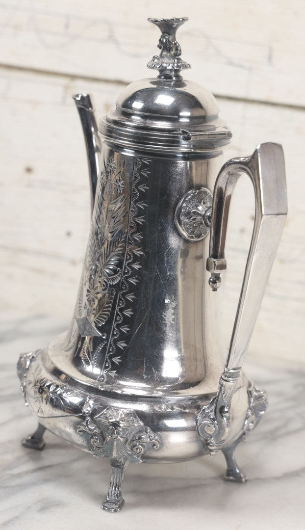 Lot 031 - Antique Silver Plate Coffee Pot With Green Man Foot Motif, Horse Finial, By Taunton Silver Plate Co., Triple Plate