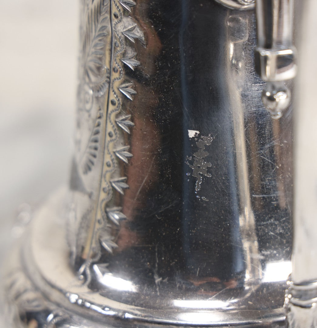 Lot 031 - Antique Silver Plate Coffee Pot With Green Man Foot Motif, Horse Finial, By Taunton Silver Plate Co., Triple Plate