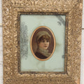 Lot 038 - Antique Chromolithograph Portrait Print Of A Victorian Woman In Headscarf, In Ornate Wooden Gilded Wooden Frame With Decorative Nature Motif Mat, 13-1/4" x 15-1/4"
