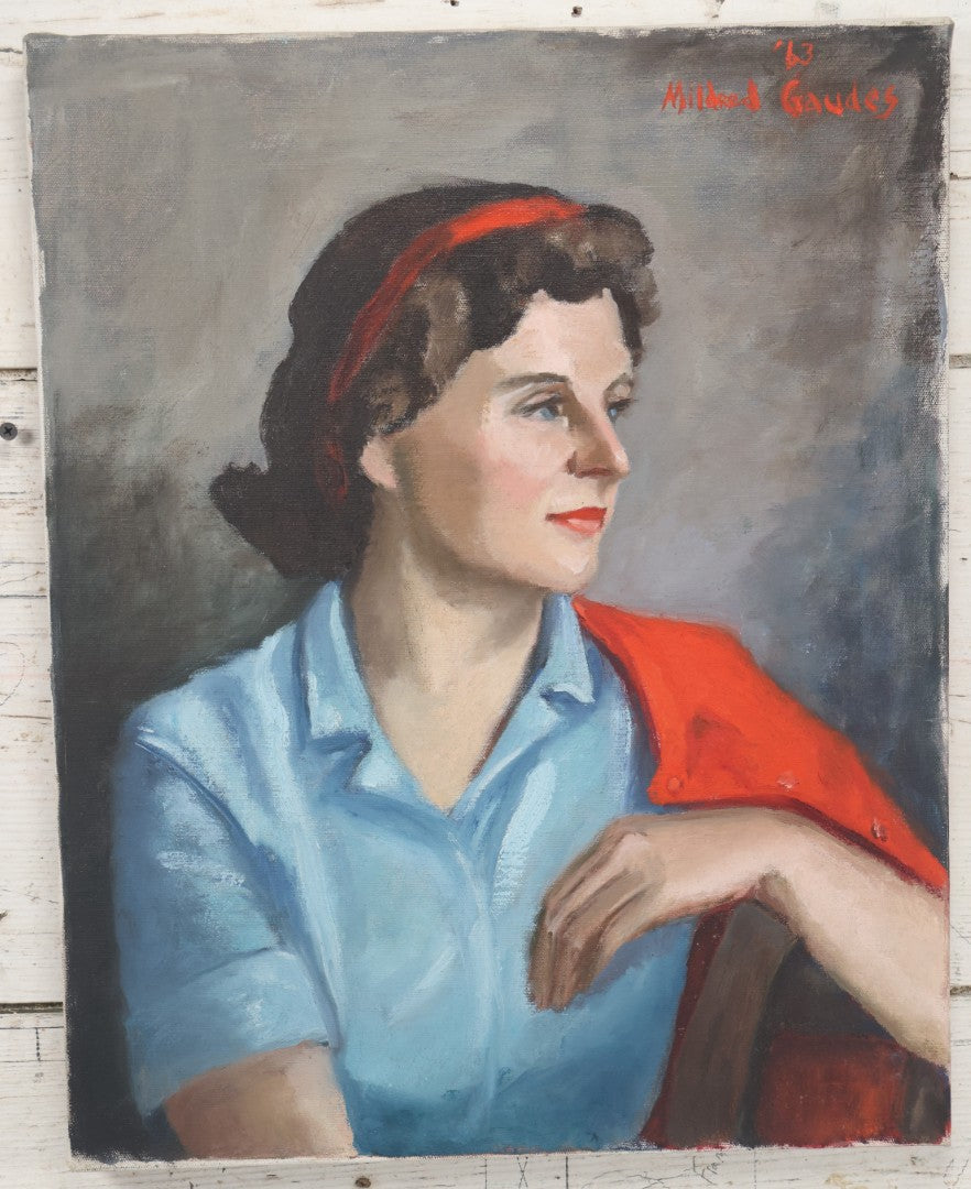 Lot 041 - Vintage Oil On Canvas Painting Portrait Of A Pretty Brunette Woman In A Blue Blouse With Red Hair Band, Red Jacket, Artist Signed Mildred Gaudes, 1963, 16" x 20"