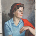Lot 041 - Vintage Oil On Canvas Painting Portrait Of A Pretty Brunette Woman In A Blue Blouse With Red Hair Band, Red Jacket, Artist Signed Mildred Gaudes, 1963, 16" x 20"