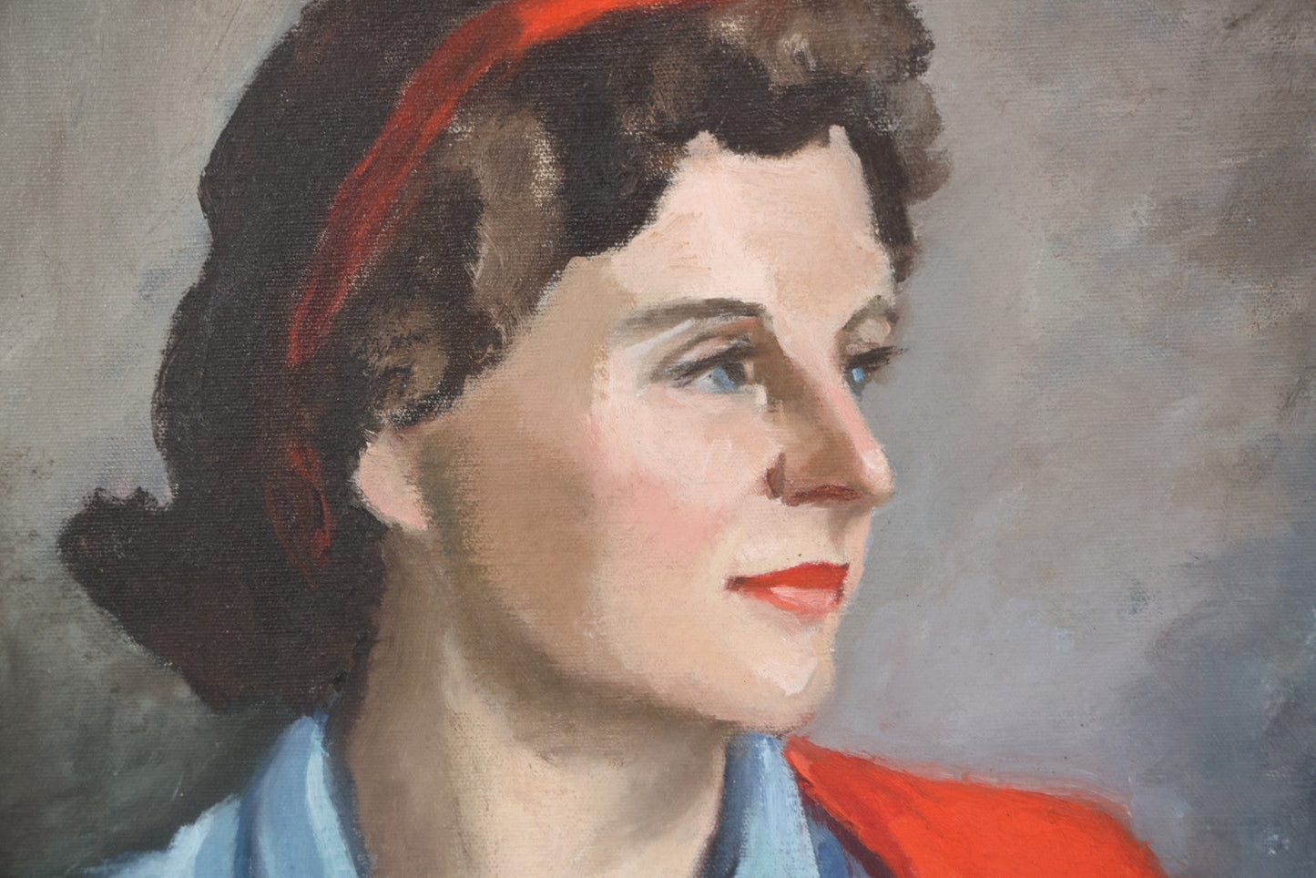 Lot 041 - Vintage Oil On Canvas Painting Portrait Of A Pretty Brunette Woman In A Blue Blouse With Red Hair Band, Red Jacket, Artist Signed Mildred Gaudes, 1963, 16" x 20"