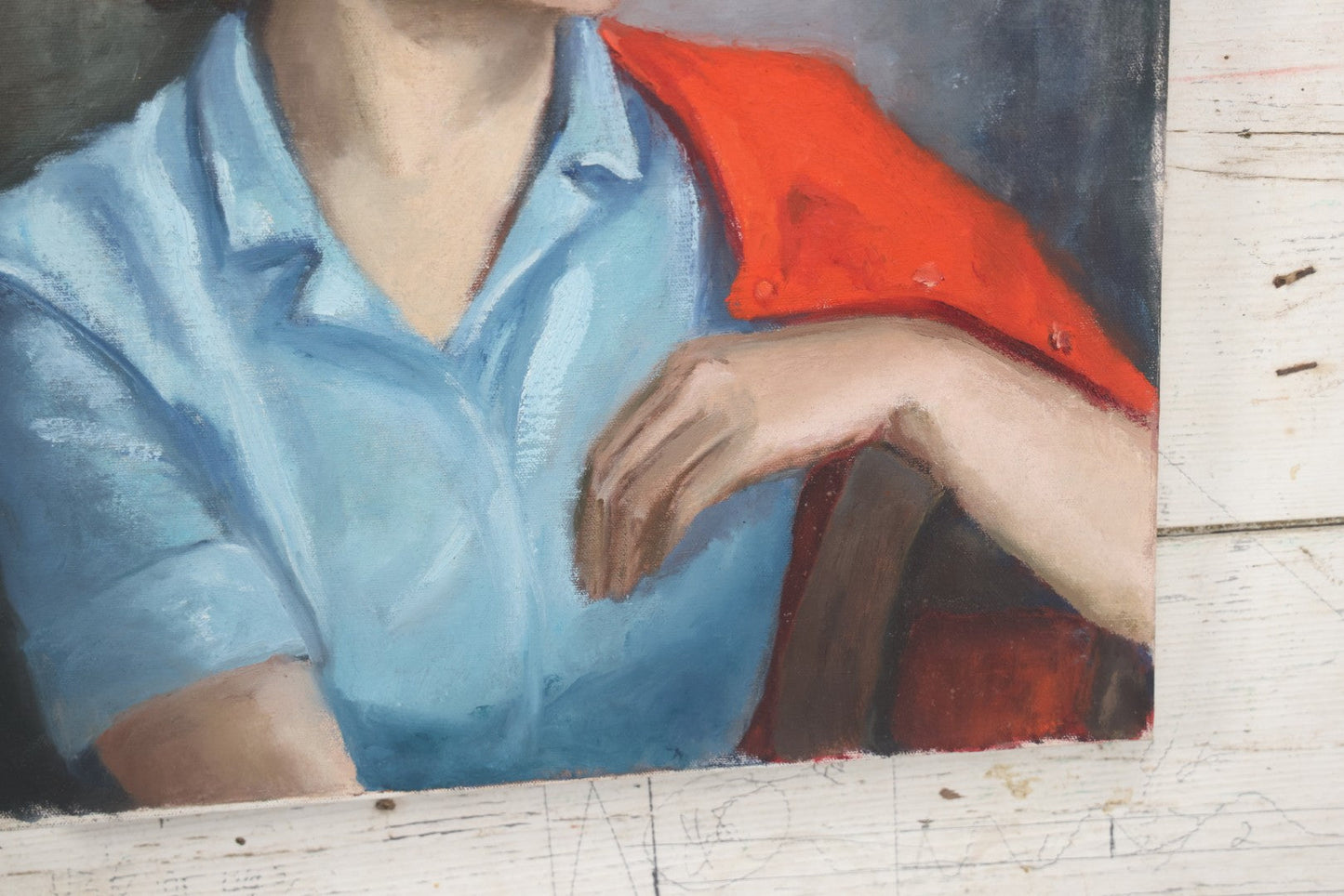 Lot 041 - Vintage Oil On Canvas Painting Portrait Of A Pretty Brunette Woman In A Blue Blouse With Red Hair Band, Red Jacket, Artist Signed Mildred Gaudes, 1963, 16" x 20"