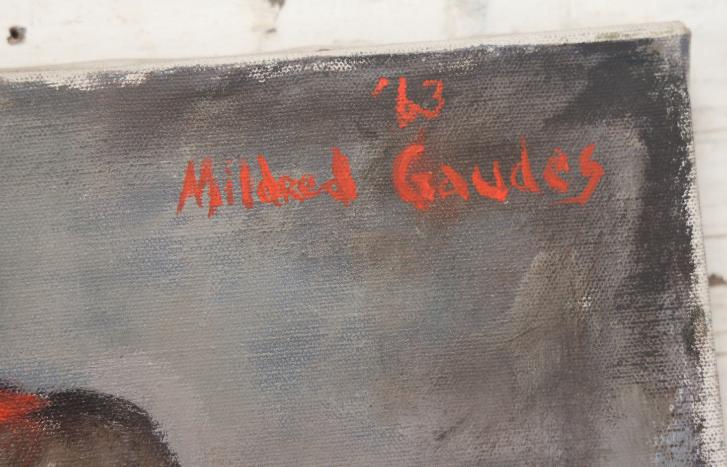 Lot 041 - Vintage Oil On Canvas Painting Portrait Of A Pretty Brunette Woman In A Blue Blouse With Red Hair Band, Red Jacket, Artist Signed Mildred Gaudes, 1963, 16" x 20"