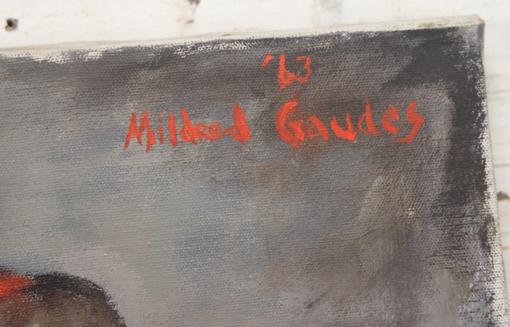 Lot 041 - Vintage Oil On Canvas Painting Portrait Of A Pretty Brunette Woman In A Blue Blouse With Red Hair Band, Red Jacket, Artist Signed Mildred Gaudes, 1963, 16" x 20"