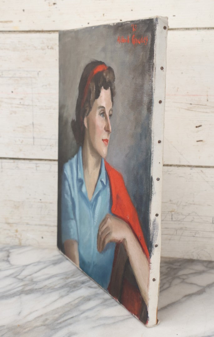 Lot 041 - Vintage Oil On Canvas Painting Portrait Of A Pretty Brunette Woman In A Blue Blouse With Red Hair Band, Red Jacket, Artist Signed Mildred Gaudes, 1963, 16" x 20"