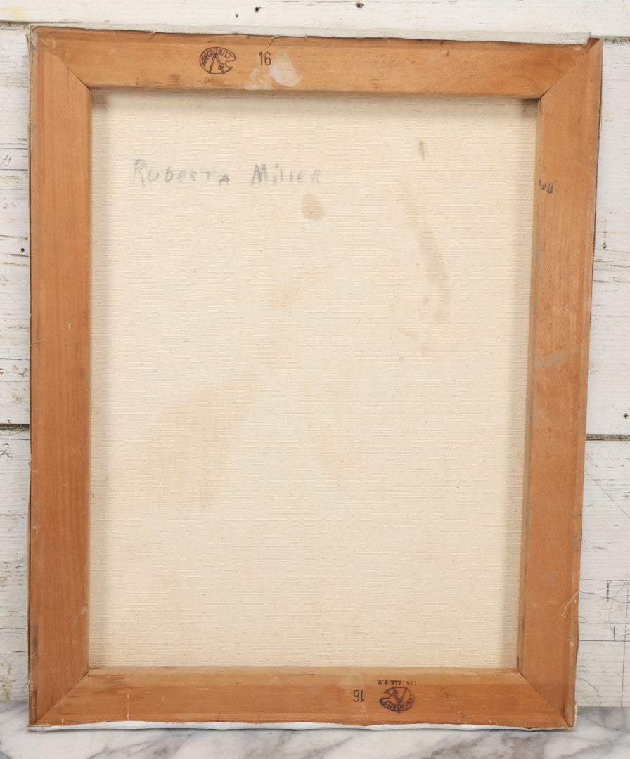 Lot 041 - Vintage Oil On Canvas Painting Portrait Of A Pretty Brunette Woman In A Blue Blouse With Red Hair Band, Red Jacket, Artist Signed Mildred Gaudes, 1963, 16" x 20"