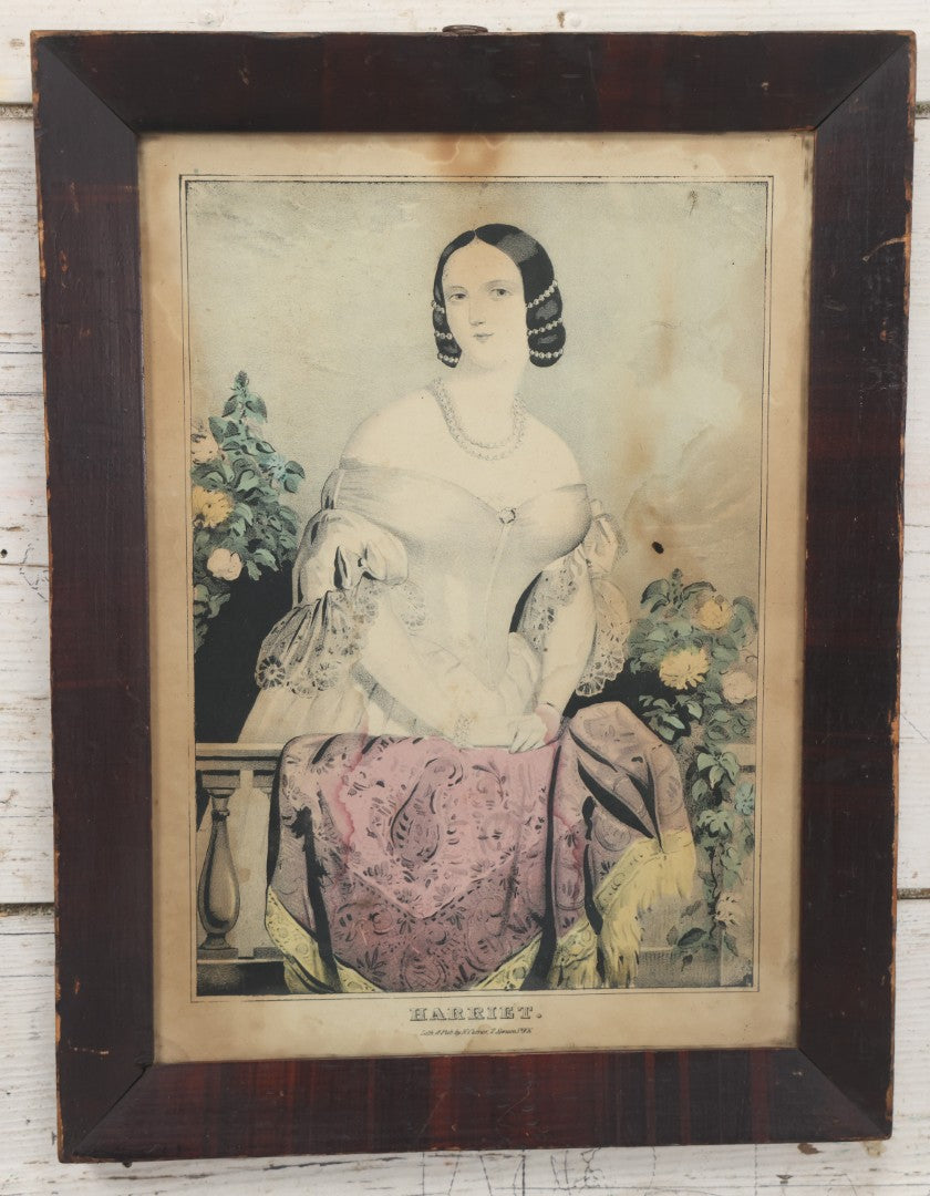Lot 042 - Antique Hand Colored Lithograph Of A Pretty Woman In A White Dress Leaning On A Balcony With Flowers, Entitled "Harriet," Published By N. Currier, Mid 19th Century, 12-1/4" x 16-1/8"