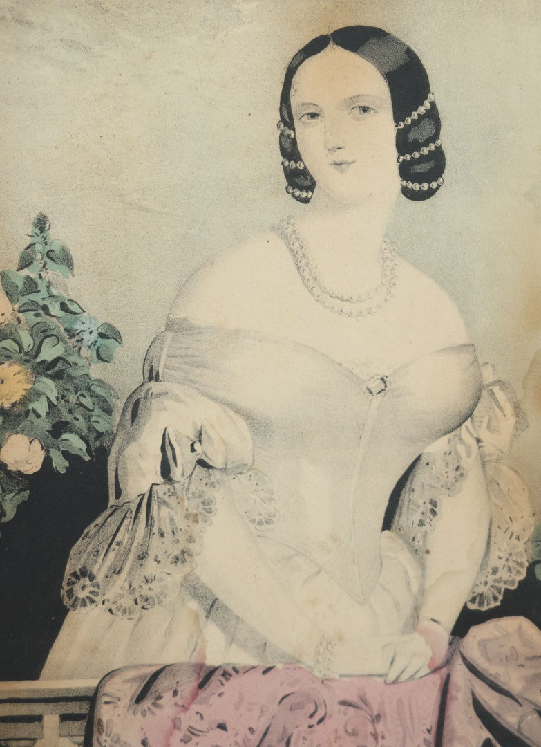 Lot 042 - Antique Hand Colored Lithograph Of A Pretty Woman In A White Dress Leaning On A Balcony With Flowers, Entitled "Harriet," Published By N. Currier, Mid 19th Century, 12-1/4" x 16-1/8"