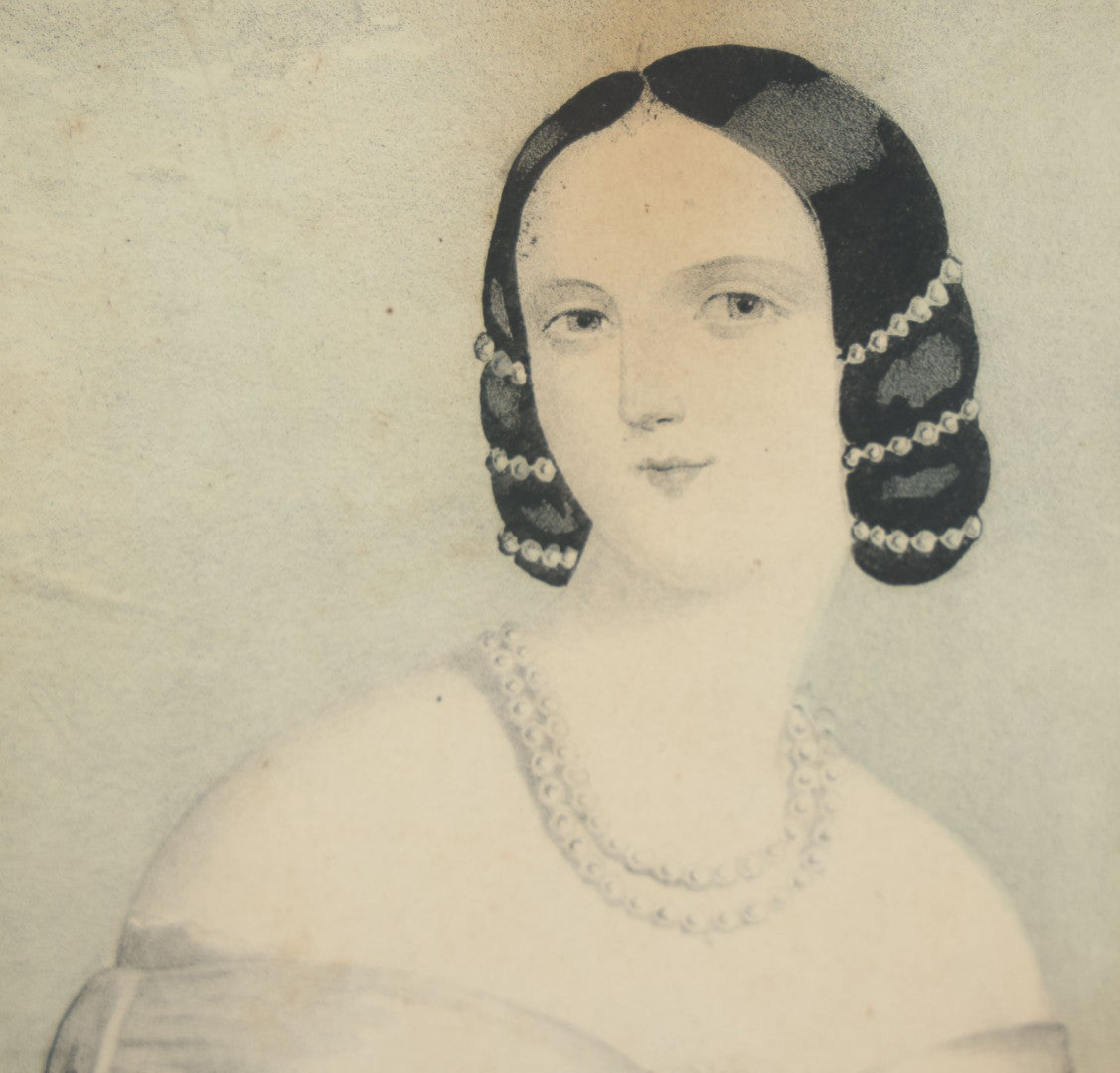 Lot 042 - Antique Hand Colored Lithograph Of A Pretty Woman In A White Dress Leaning On A Balcony With Flowers, Entitled "Harriet," Published By N. Currier, Mid 19th Century, 12-1/4" x 16-1/8"