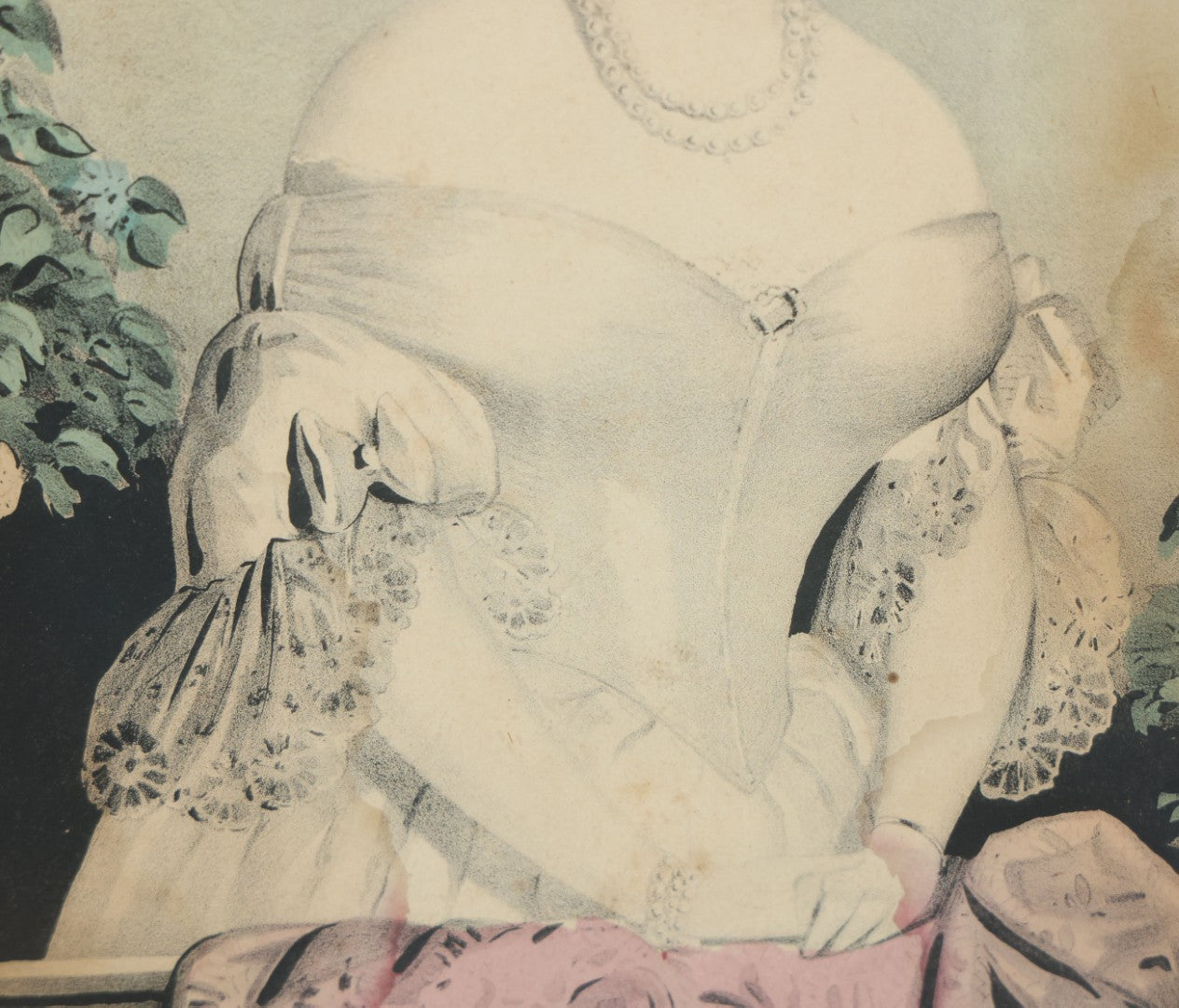 Lot 042 - Antique Hand Colored Lithograph Of A Pretty Woman In A White Dress Leaning On A Balcony With Flowers, Entitled "Harriet," Published By N. Currier, Mid 19th Century, 12-1/4" x 16-1/8"