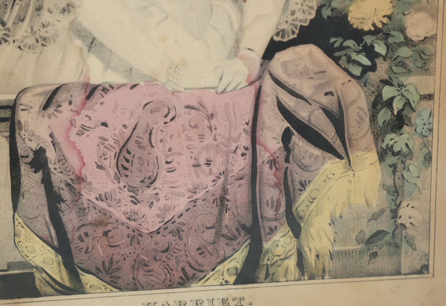 Lot 042 - Antique Hand Colored Lithograph Of A Pretty Woman In A White Dress Leaning On A Balcony With Flowers, Entitled "Harriet," Published By N. Currier, Mid 19th Century, 12-1/4" x 16-1/8"