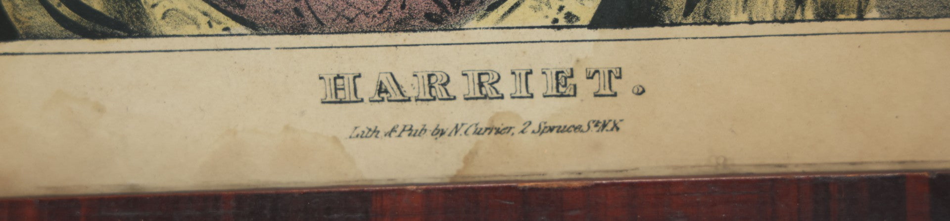 Lot 042 - Antique Hand Colored Lithograph Of A Pretty Woman In A White Dress Leaning On A Balcony With Flowers, Entitled "Harriet," Published By N. Currier, Mid 19th Century, 12-1/4" x 16-1/8"