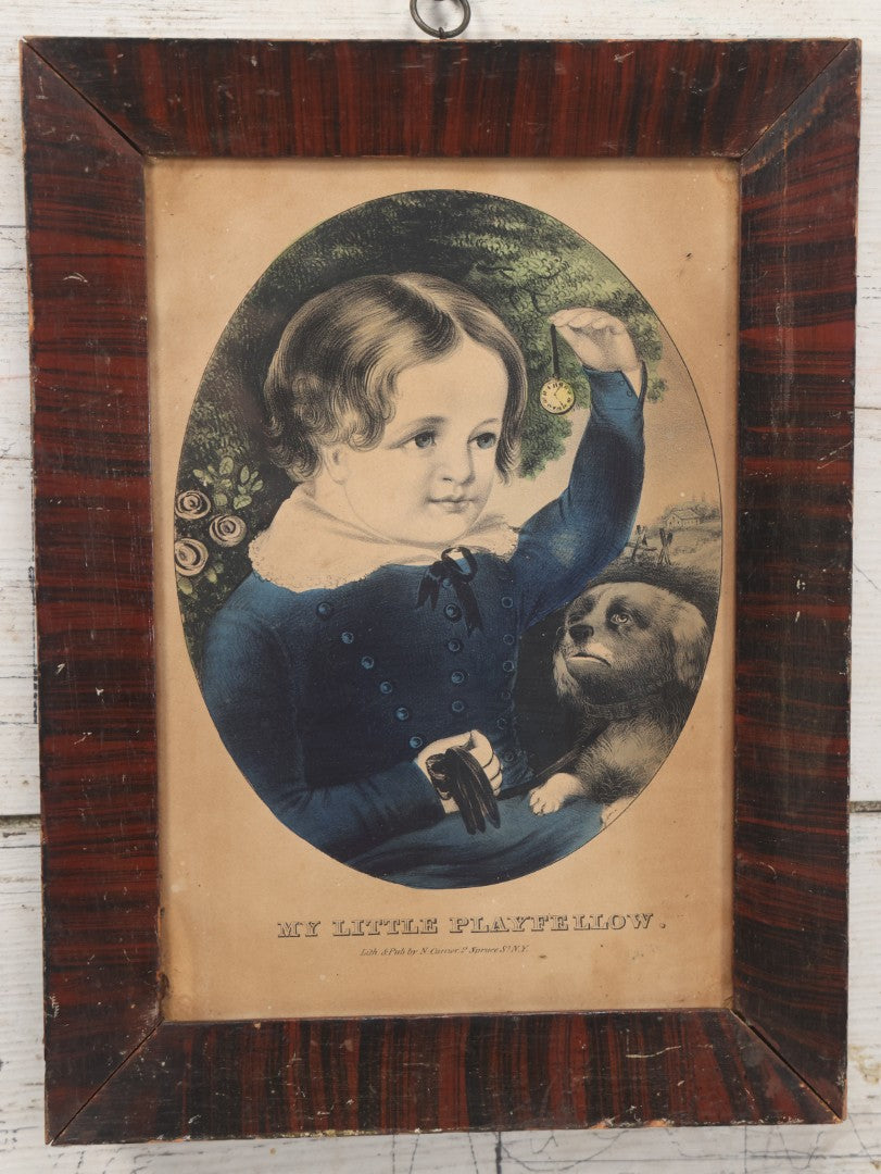 Lot 043 - Antique Hand Colored Lithograph Of A Little Boy With A Pocket Watch And His Dog, Entitled "My Little Playfellow," Published By N. Currier, Mid 19th Century, 11" x 14-1/2"