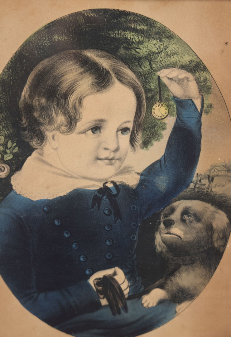 Lot 043 - Antique Hand Colored Lithograph Of A Little Boy With A Pocket Watch And His Dog, Entitled "My Little Playfellow," Published By N. Currier, Mid 19th Century, 11" x 14-1/2"
