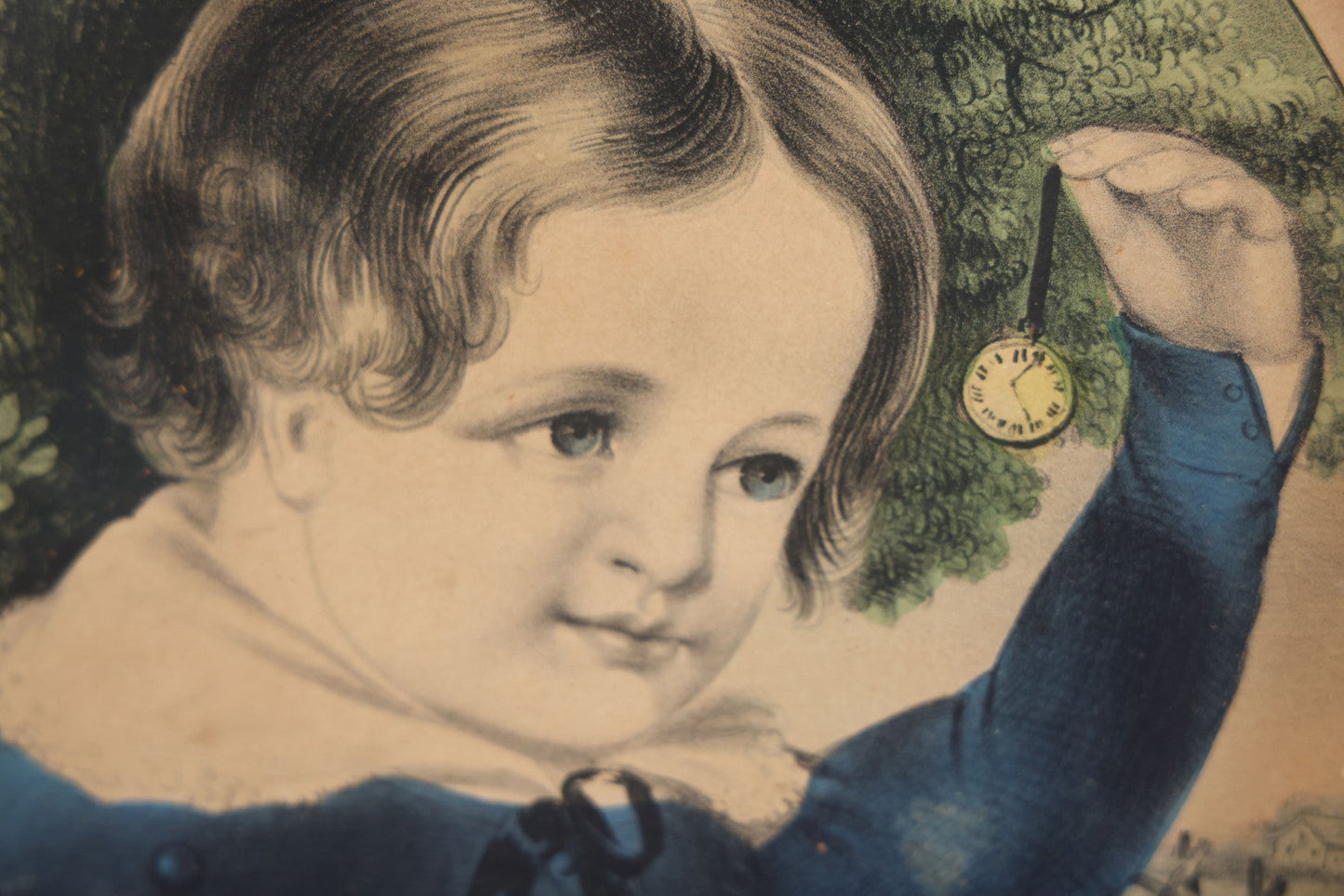 Lot 043 - Antique Hand Colored Lithograph Of A Little Boy With A Pocket Watch And His Dog, Entitled "My Little Playfellow," Published By N. Currier, Mid 19th Century, 11" x 14-1/2"