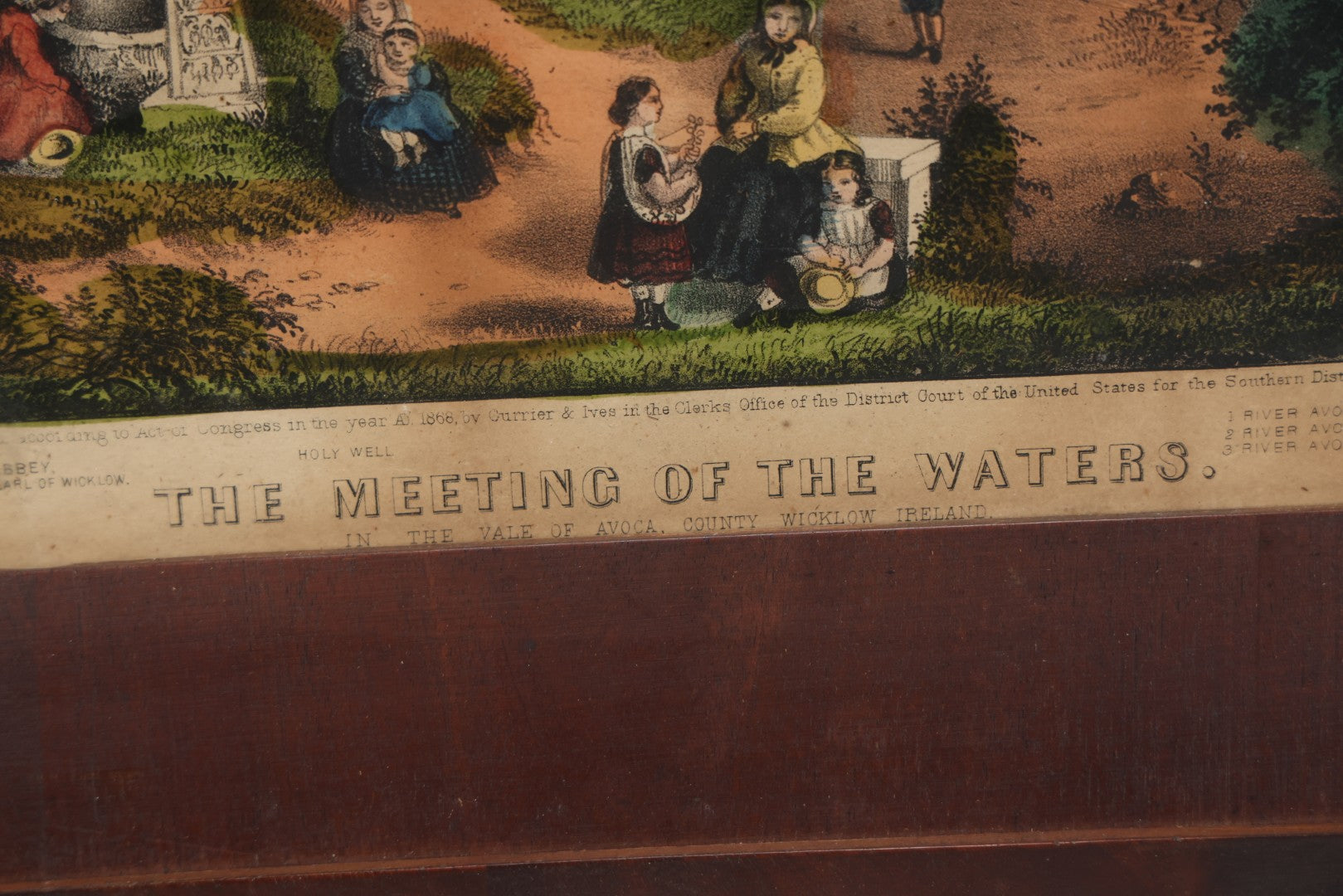 Lot 044 - Antique Hand Colored Lithograph Of The Vale Of Avoca, County Wicklow, Ireland, Entitled "The Meeting Of The Waters," Published By Currier & Ives, 1868, 16-3/8" x 13-1/2"