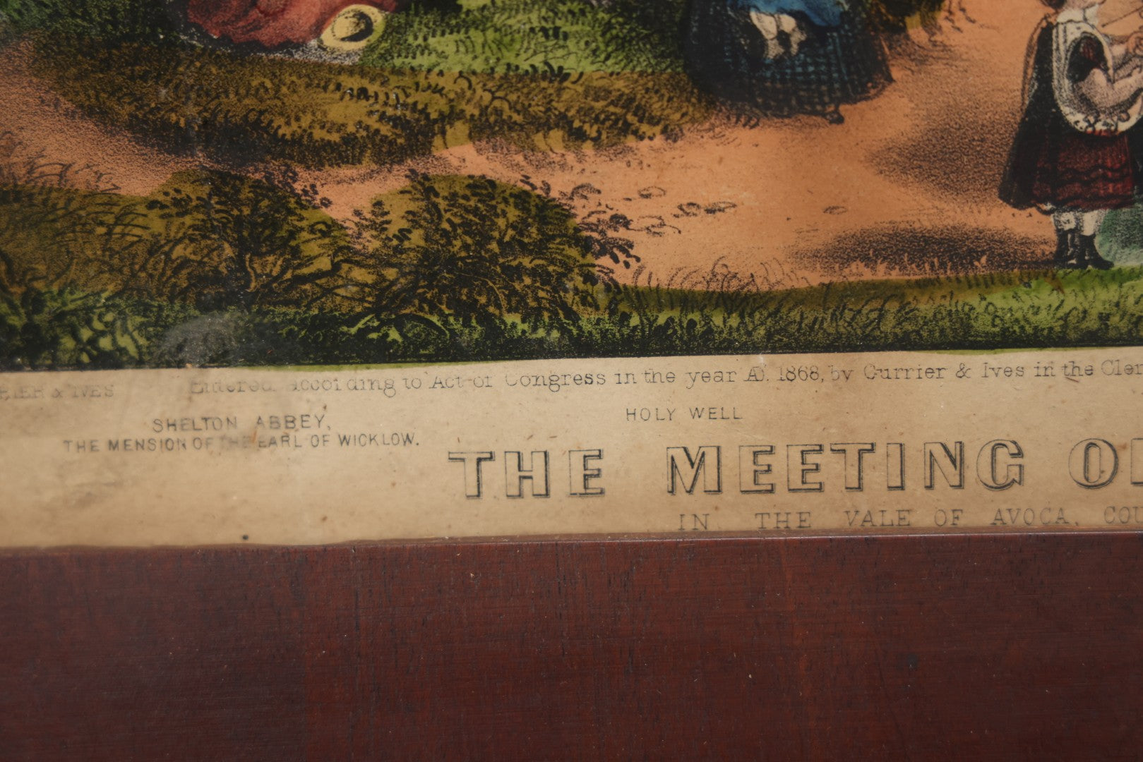 Lot 044 - Antique Hand Colored Lithograph Of The Vale Of Avoca, County Wicklow, Ireland, Entitled "The Meeting Of The Waters," Published By Currier & Ives, 1868, 16-3/8" x 13-1/2"