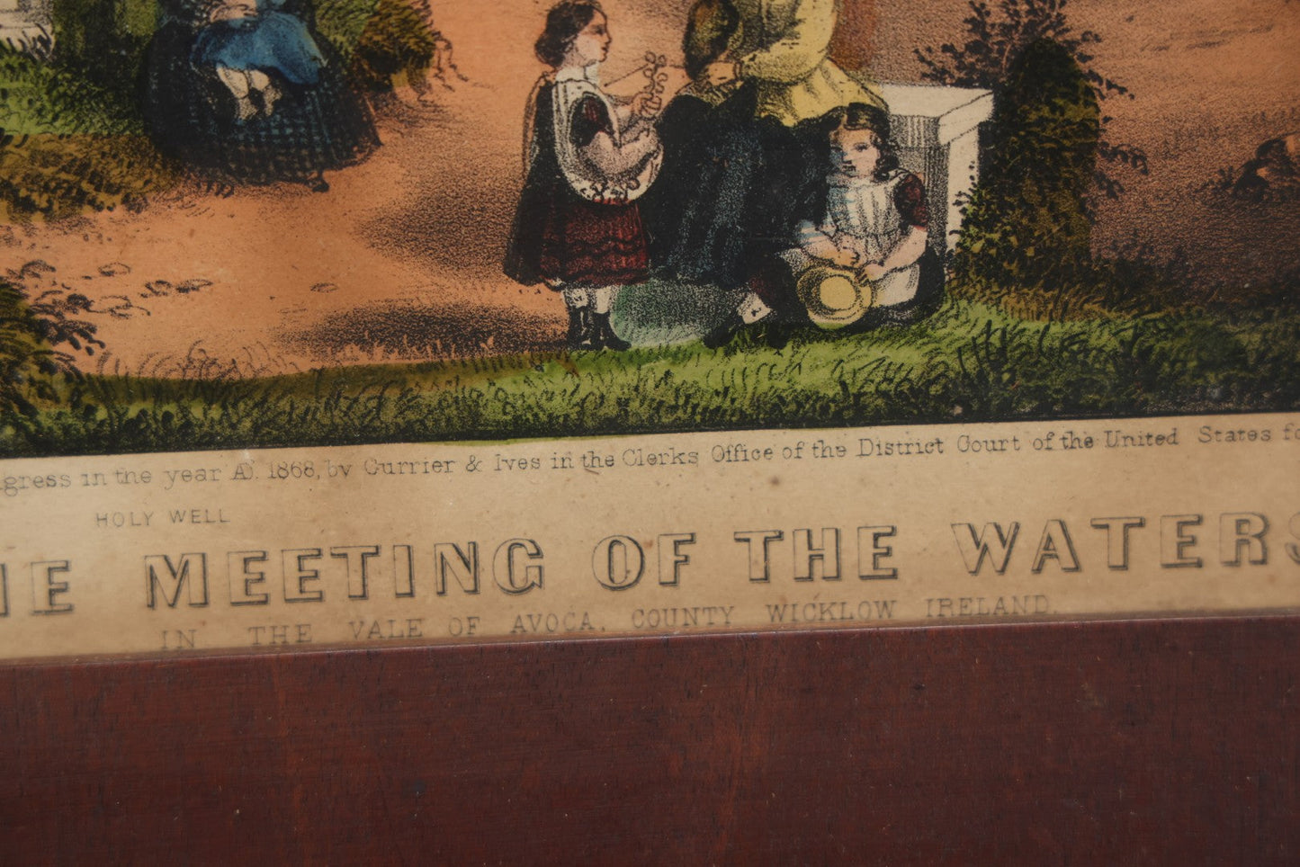 Lot 044 - Antique Hand Colored Lithograph Of The Vale Of Avoca, County Wicklow, Ireland, Entitled "The Meeting Of The Waters," Published By Currier & Ives, 1868, 16-3/8" x 13-1/2"