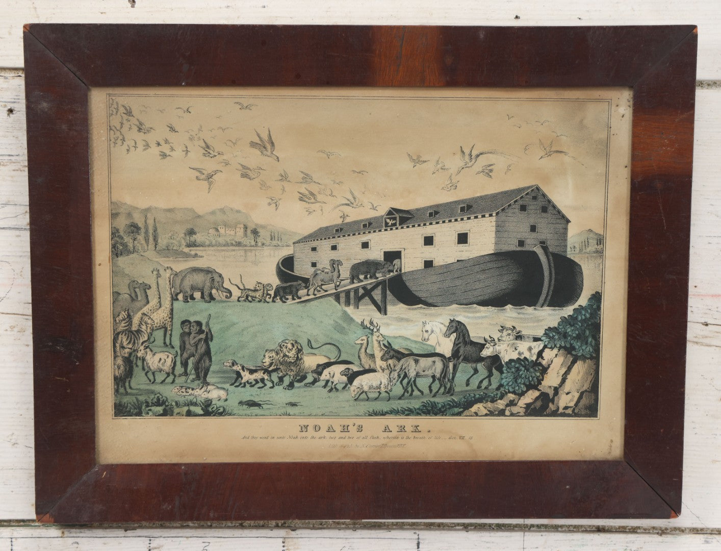 Lot 045 - Antique Hand Colored Lithograph Of Noah's Ark, Animals Arriving On Ark, Published By N. Currier, Mid 19th Century, 16-3/8" x 12-1/2"