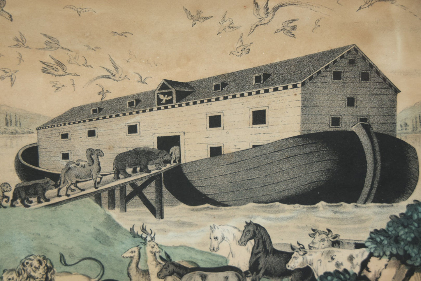 Lot 045 - Antique Hand Colored Lithograph Of Noah's Ark, Animals Arriving On Ark, Published By N. Currier, Mid 19th Century, 16-3/8" x 12-1/2"