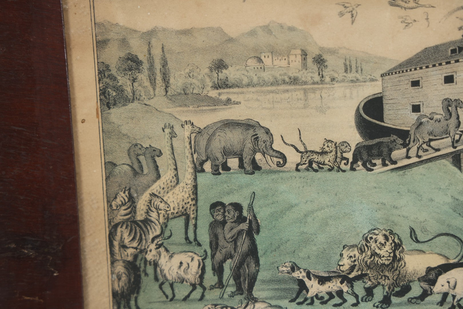 Lot 045 - Antique Hand Colored Lithograph Of Noah's Ark, Animals Arriving On Ark, Published By N. Currier, Mid 19th Century, 16-3/8" x 12-1/2"