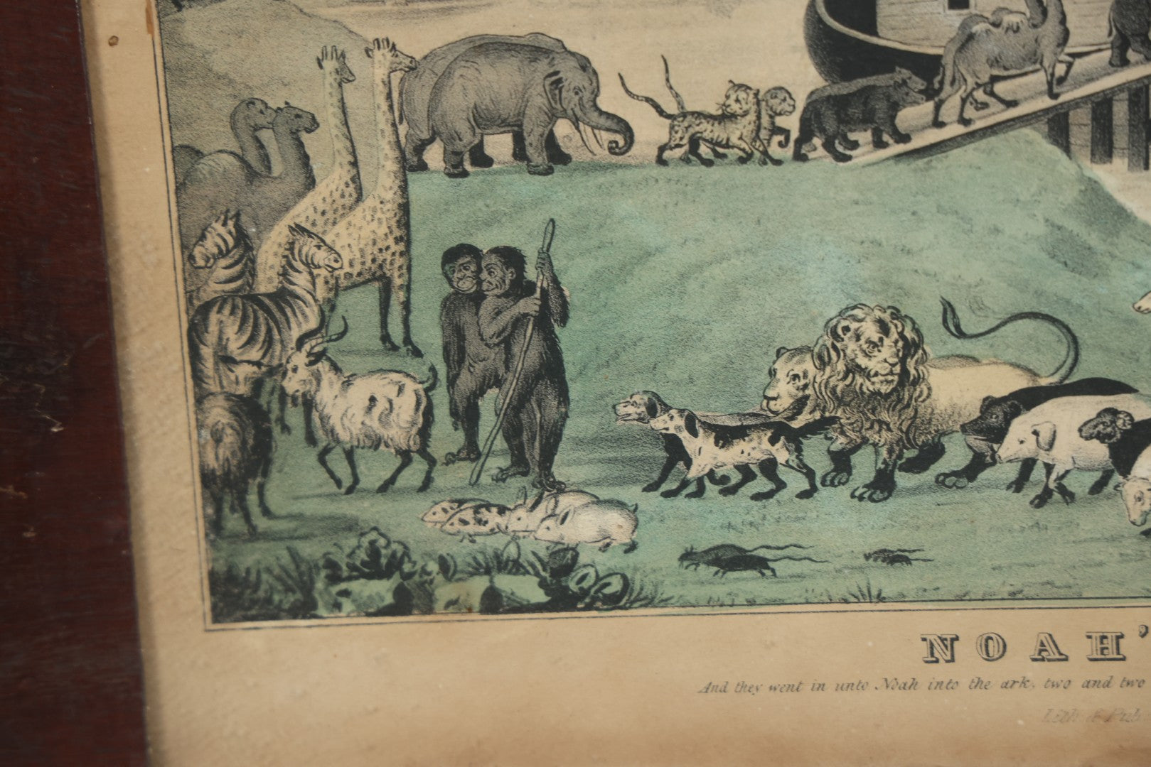 Lot 045 - Antique Hand Colored Lithograph Of Noah's Ark, Animals Arriving On Ark, Published By N. Currier, Mid 19th Century, 16-3/8" x 12-1/2"