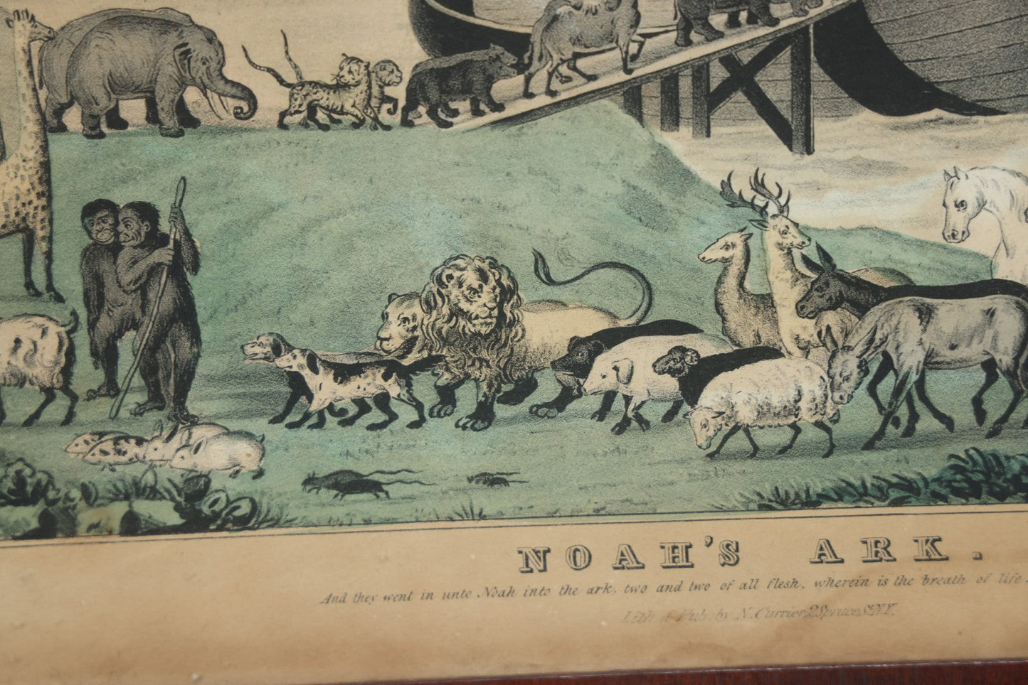 Lot 045 - Antique Hand Colored Lithograph Of Noah's Ark, Animals Arriving On Ark, Published By N. Currier, Mid 19th Century, 16-3/8" x 12-1/2"