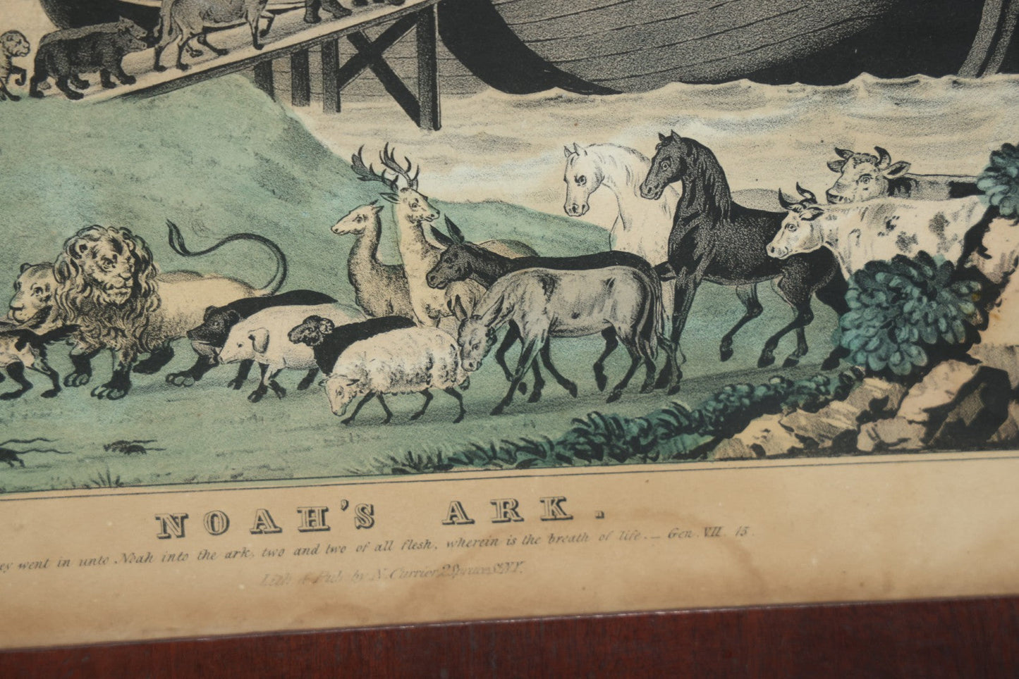 Lot 045 - Antique Hand Colored Lithograph Of Noah's Ark, Animals Arriving On Ark, Published By N. Currier, Mid 19th Century, 16-3/8" x 12-1/2"