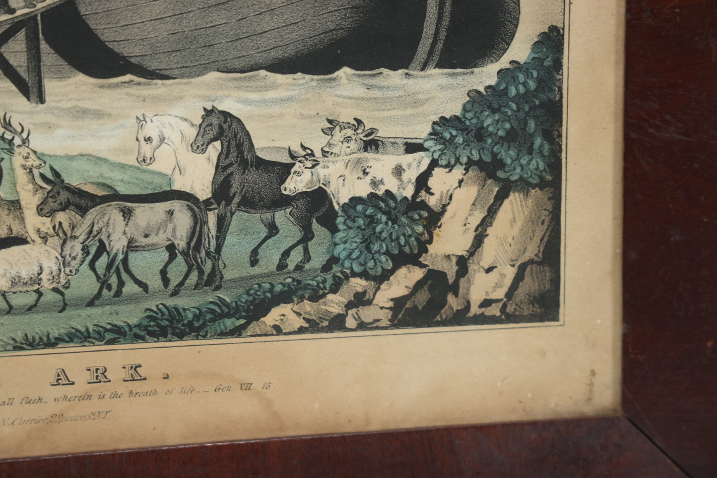 Lot 045 - Antique Hand Colored Lithograph Of Noah's Ark, Animals Arriving On Ark, Published By N. Currier, Mid 19th Century, 16-3/8" x 12-1/2"