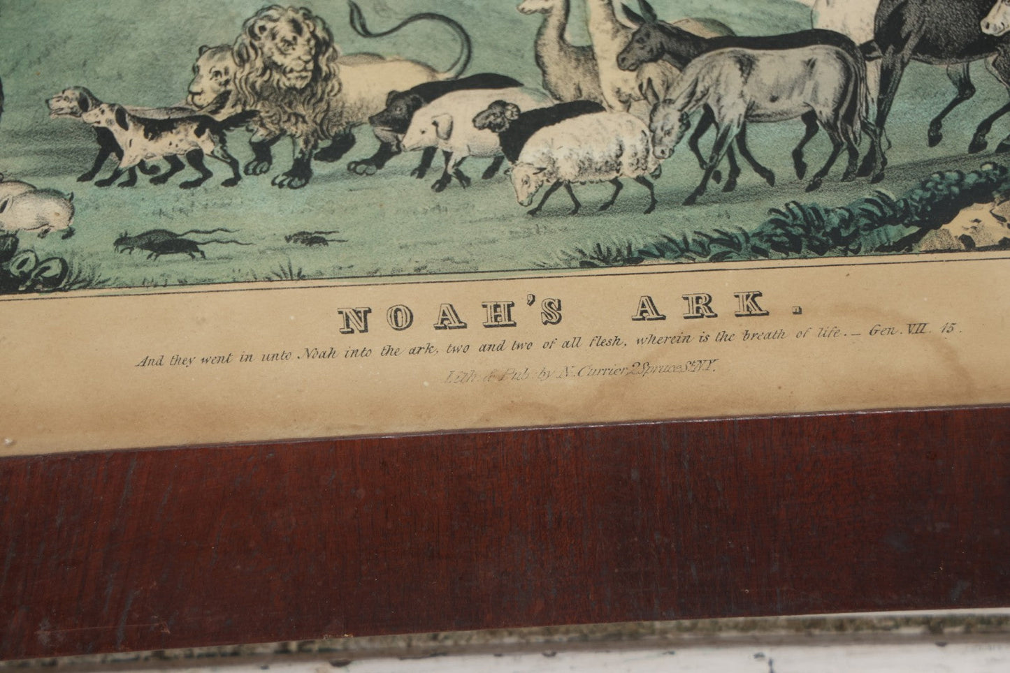 Lot 045 - Antique Hand Colored Lithograph Of Noah's Ark, Animals Arriving On Ark, Published By N. Currier, Mid 19th Century, 16-3/8" x 12-1/2"
