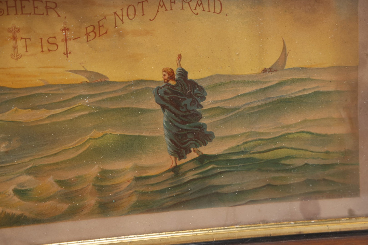 Lot 046 - Antique Biblical Chromolithograph Of Matthew 14:27, "Be Of Good Cheer, It Is I, Be Not Afraid, Jesus Walking On Water, Note Residue In Frame, Wear, Fading, 10-1/2" x 22-3/4"