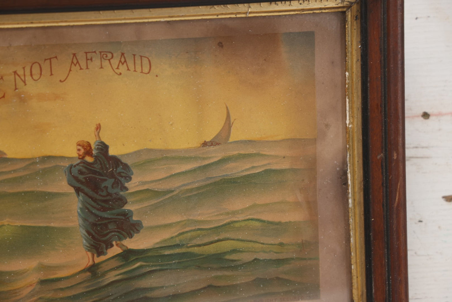 Lot 046 - Antique Biblical Chromolithograph Of Matthew 14:27, "Be Of Good Cheer, It Is I, Be Not Afraid, Jesus Walking On Water, Note Residue In Frame, Wear, Fading, 10-1/2" x 22-3/4"