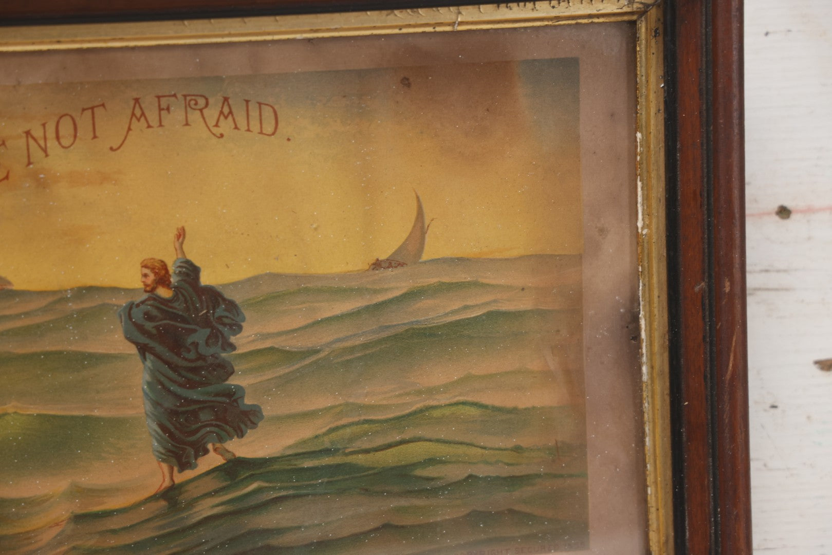 Lot 046 - Antique Biblical Chromolithograph Of Matthew 14:27, "Be Of Good Cheer, It Is I, Be Not Afraid, Jesus Walking On Water, Note Residue In Frame, Wear, Fading, 10-1/2" x 22-3/4"