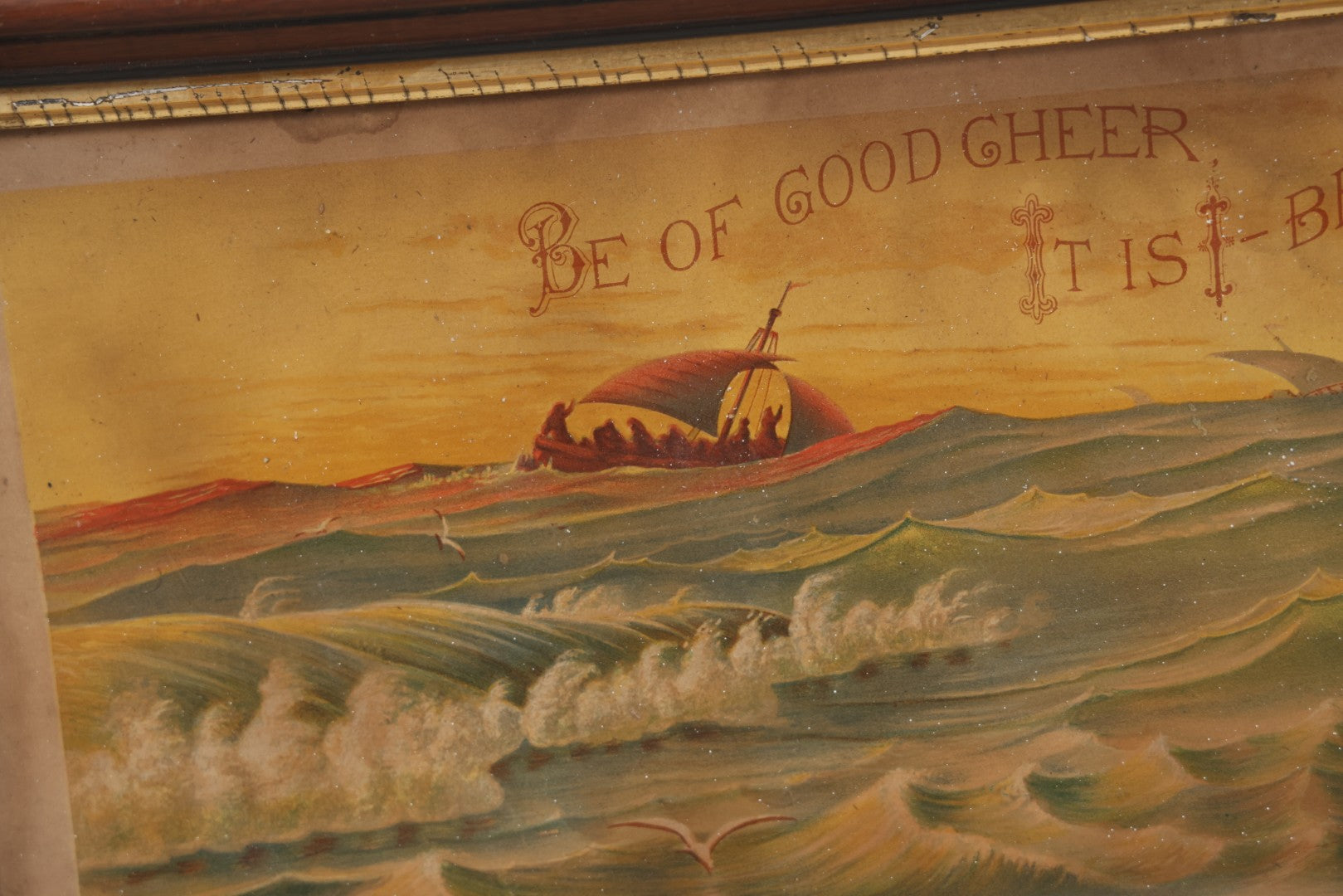 Lot 046 - Antique Biblical Chromolithograph Of Matthew 14:27, "Be Of Good Cheer, It Is I, Be Not Afraid, Jesus Walking On Water, Note Residue In Frame, Wear, Fading, 10-1/2" x 22-3/4"