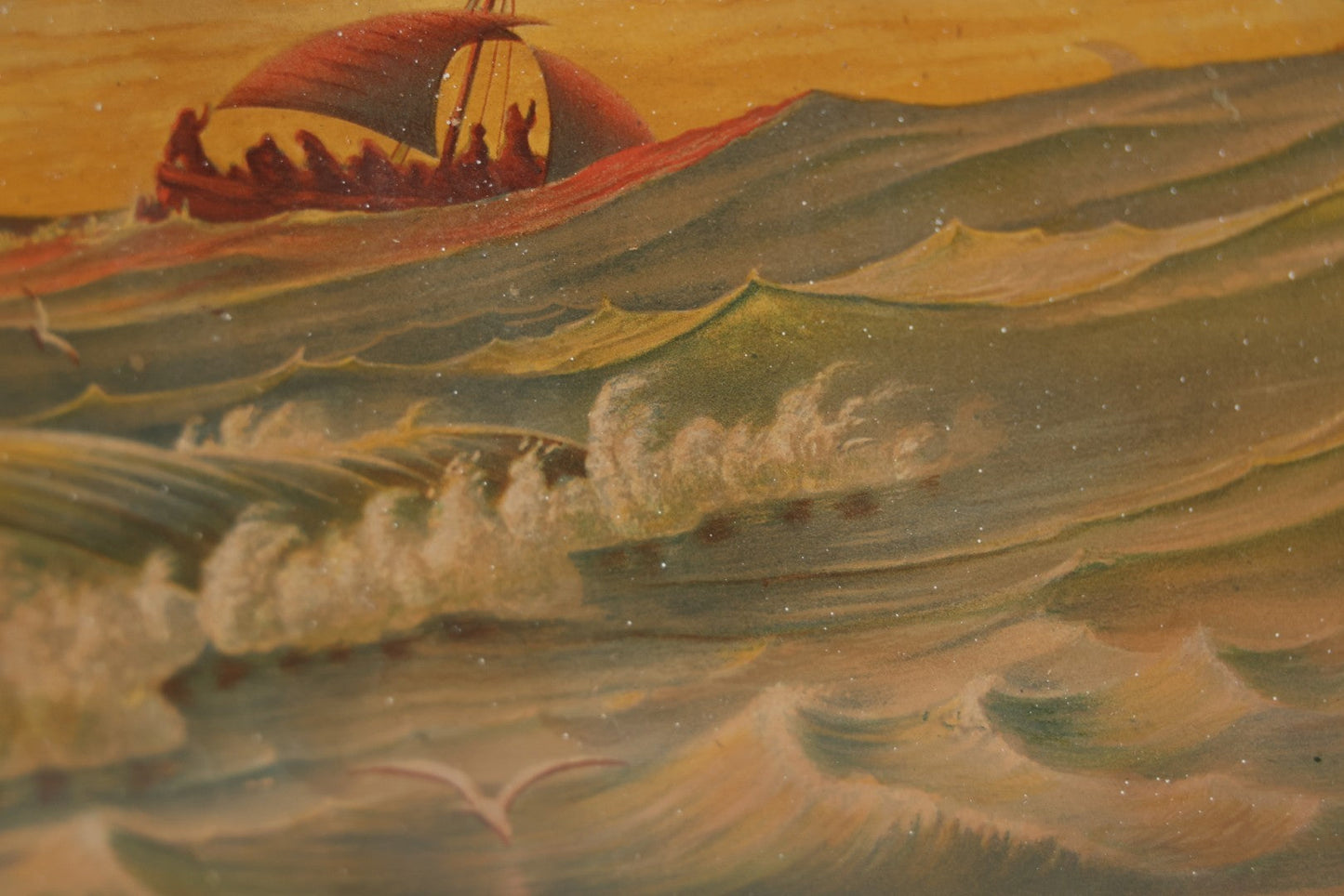 Lot 046 - Antique Biblical Chromolithograph Of Matthew 14:27, "Be Of Good Cheer, It Is I, Be Not Afraid, Jesus Walking On Water, Note Residue In Frame, Wear, Fading, 10-1/2" x 22-3/4"